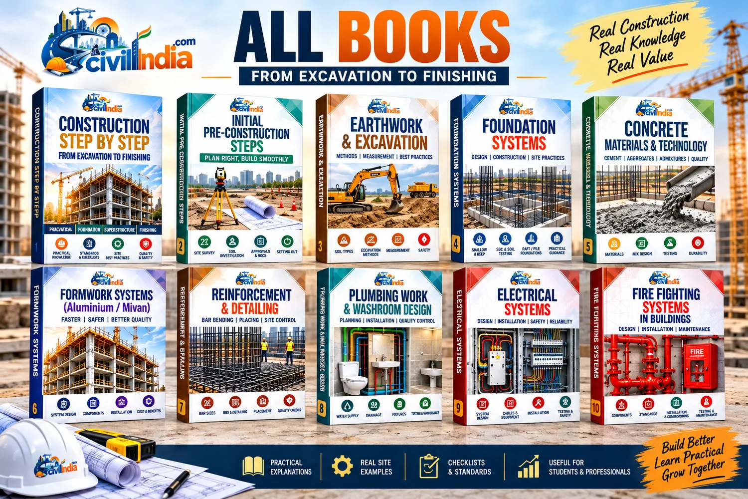 The CivilIndia library displayed together under the heading “All Books — from excavation to finishing”