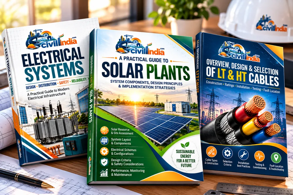 Three hardback guides standing on a desk: Electrical Systems, A Practical Guide to Solar Plants, and Overview, Design and Selection of LT and HT Cables