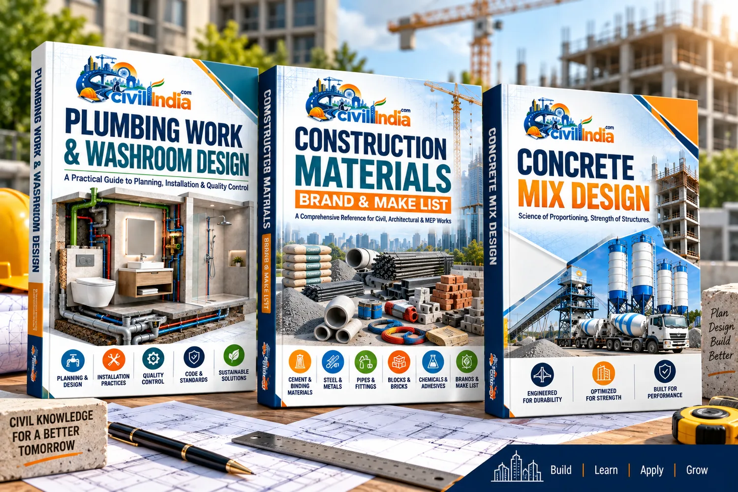 Three hardback guides standing on a desk: Plumbing Work & Washroom Design, Construction Materials Brand & Make List, and Concrete Mix Design