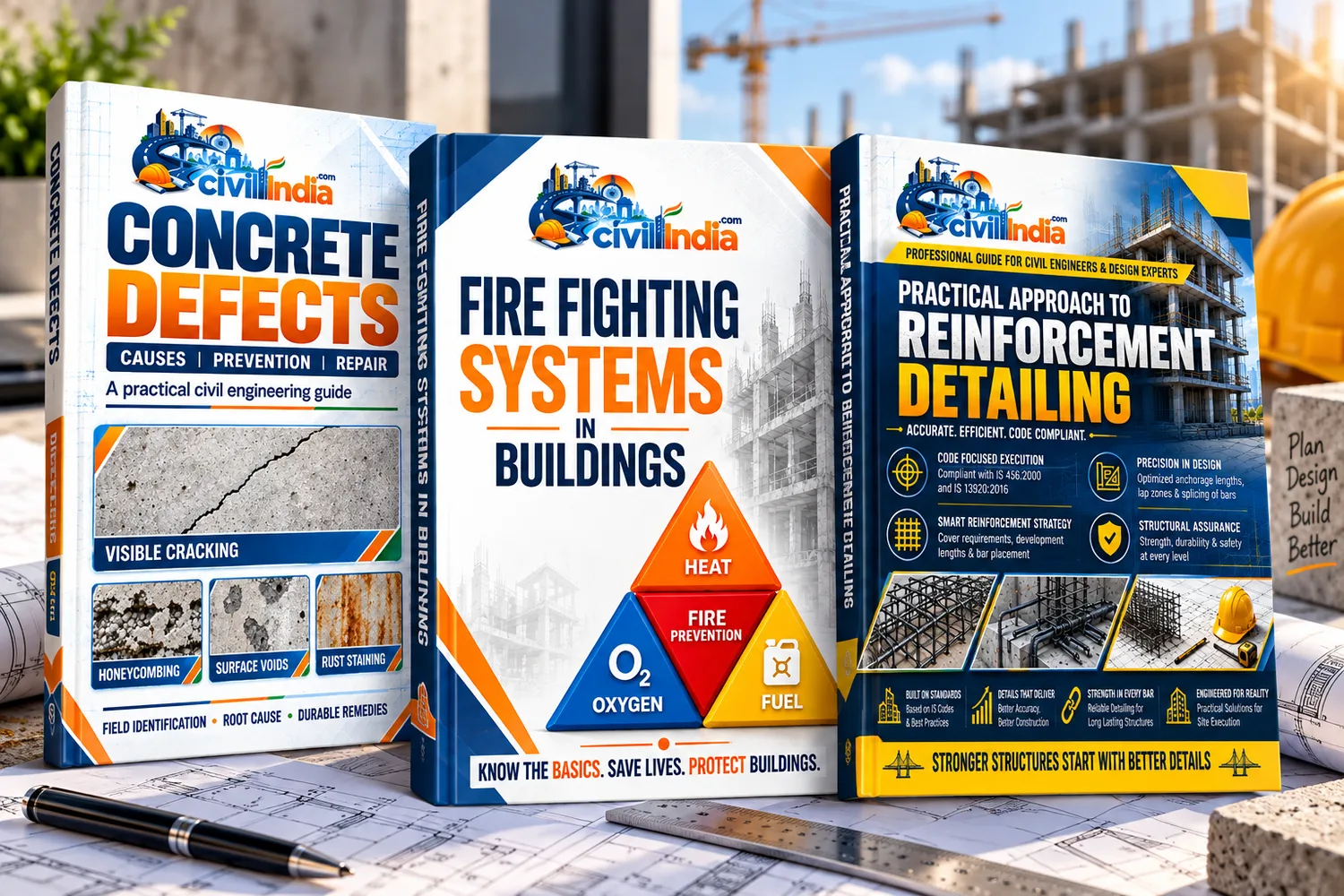 Three hardback guides standing on a desk: Concrete Defects, Fire Fighting Systems in Buildings, and Practical Approach to Reinforcement Detailing